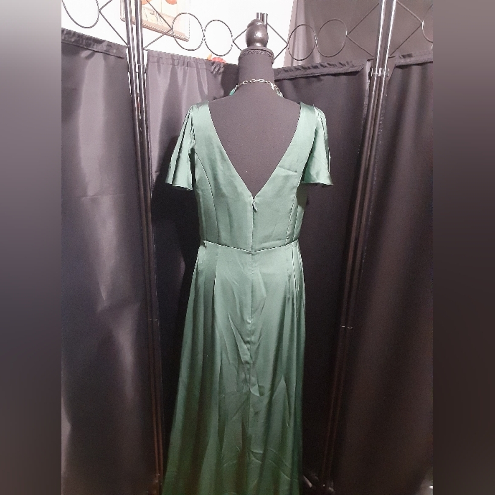 Azazie Olive Green Maxi Dress Poof Sleeves Women's Size 10 Bridesmaid Wedding - Picture 7 of 9